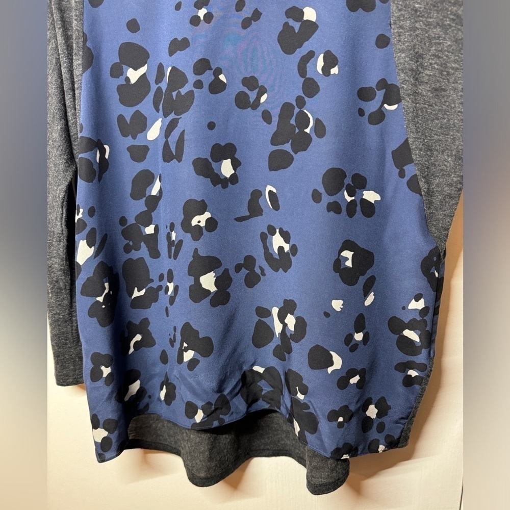 Rebecca Taylor Navy Blue Grey Leopard Animal Print Silk Wool Blend Blouse Size 2 - Picture 8 of 14